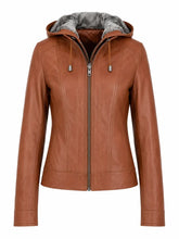 Women's Brown Leather Jacket with Fur Hood Front