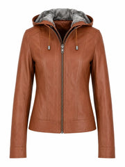 Women's Brown Leather Jacket with Fur Hood Front