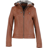 Women's Brown Leather Jacket with Fur Hood