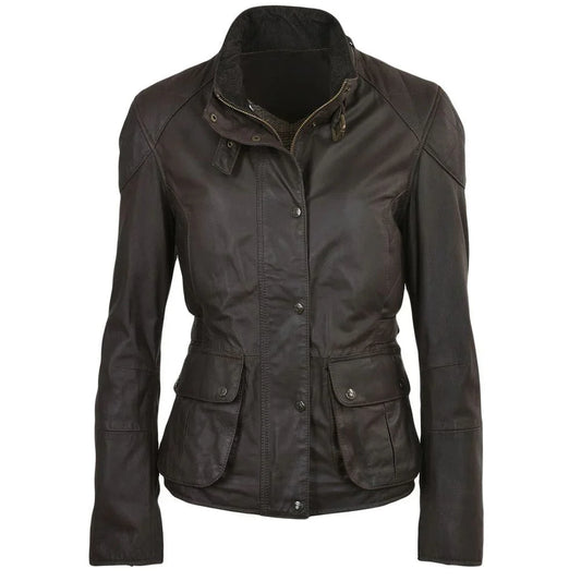 Women's Brown Leather Jacket with High-Neck Design