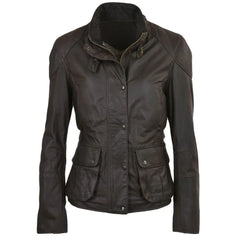 Women's Brown Leather Jacket with High-Neck Design