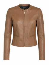 Women's Brown Leather Jacket with Round Collar Front