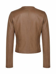 Women's Brown Leather Jacket with Round Collar Back