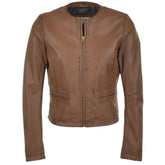 Women's Brown Leather Jacket with Round Collar