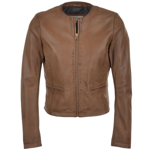 Women's Brown Leather Jacket with Round Collar