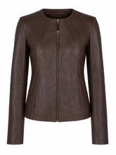 Women's Brown Leather Round Collar Jacket Front