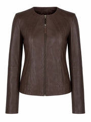Women's Brown Leather Round Collar Jacket Front