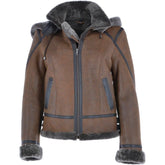 Women's Brown Shearling Flying Jacket with Hood