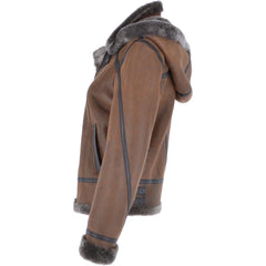 Women's Brown Shearling Aviator Jacket with Hood