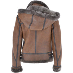 Women's Brown Shearling Aviator Jacket with Hood