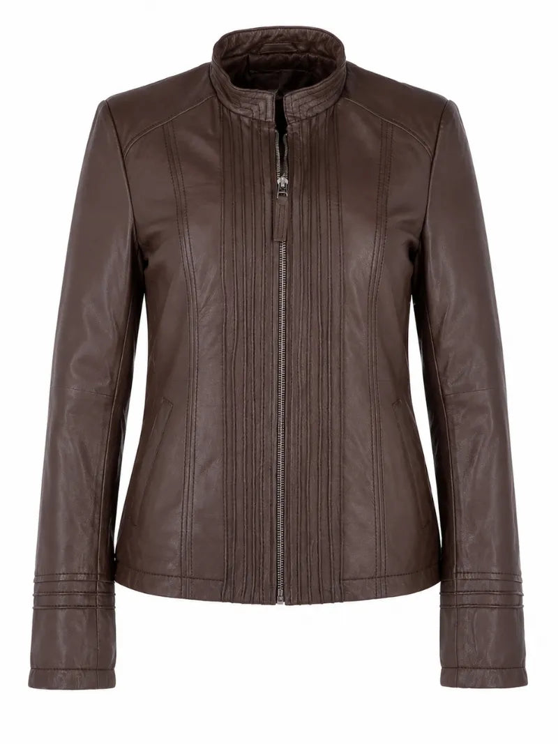 Women's Chocolate Brown Pleated Design Leather Jacket Front
