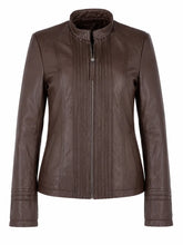 Women's Chocolate Brown Pleated Design Leather Jacket Front