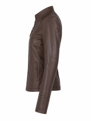 Women's Chocolate Brown Pleated Design Leather Jacket Left