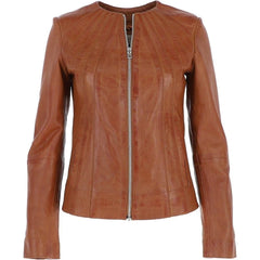 Women's Classic Tan Leather Zip-Up Jacket