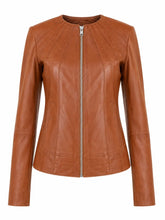 Women's Classic Tan Leather Zip-Up Jacket Front