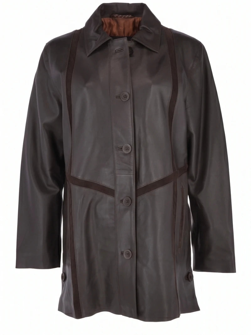 Women's Dark Brown Long Leather Coat Front