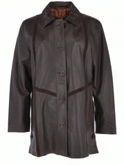 Women's Dark Brown Long Leather Coat Front