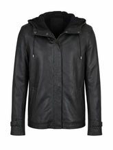 Women's Detachable Hooded Black Leather Jacket Front