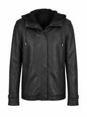 Women's Detachable Hooded Black Leather Jacket Front