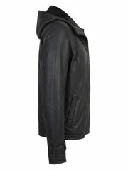 Women's Detachable Hooded Black Leather Jacket Right