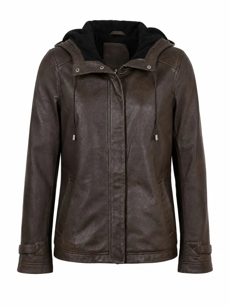 Women's Detachable Hooded Brown Leather Jacket Front