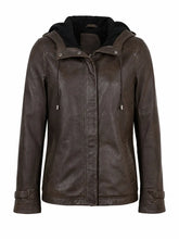 Women's Detachable Hooded Brown Leather Jacket Front