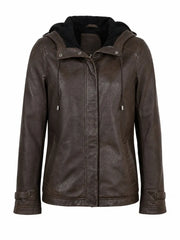 Women's Detachable Hooded Brown Leather Jacket Front