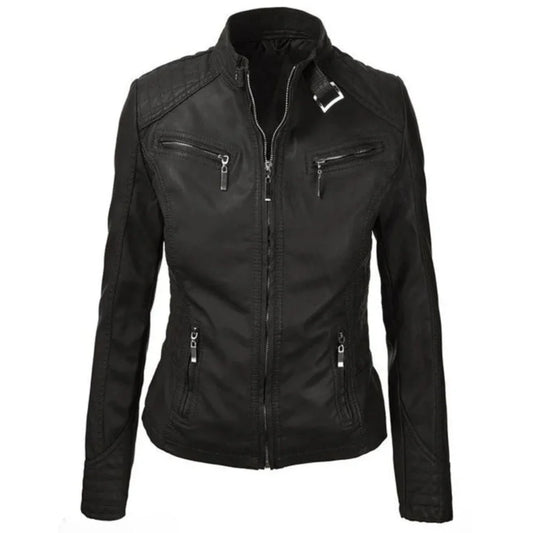 Women's Durable Black Buckle Detailed Leather Jacket