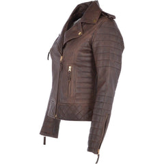 Women's Golden Accents Quilted Brown Leather Jacket