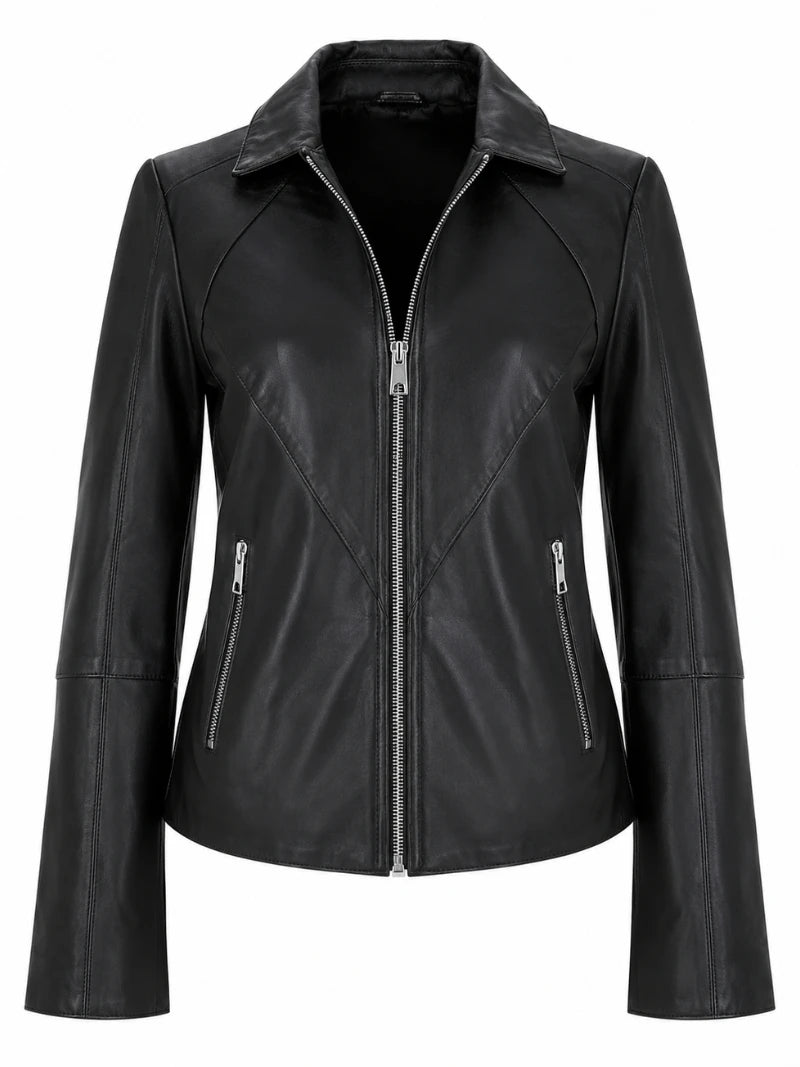 Women's Lapel Collar Black Leather Jacket Front