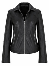 Women's Lapel Collar Black Leather Jacket Front