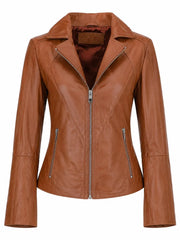 Women's Lapel Collar Tan Leather Jacket Front