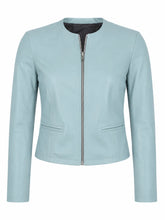 Women's Light Blue Leather Jacket Front