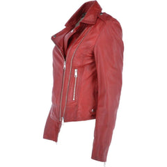 Women's Red Leather Asymmetrical Zip Jacket
