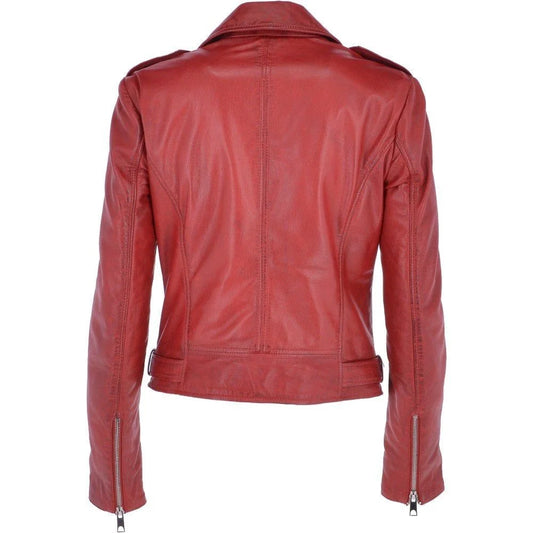 Women's Red Leather Asymmetrical Zip Jacket