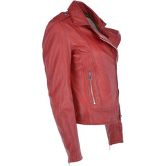 Women's Red Leather Asymmetrical Zip Jacket