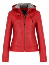 Women's Red Hooded Leather Jacket Front