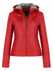 Women's Red Hooded Leather Jacket Front