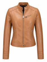 Women's Tan Quilted Details Leather Jacket Front