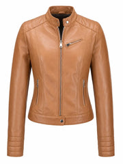 Women's Tan Quilted Details Leather Jacket Front