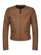 Women's Tan Sleek Design Leather Jacket Front