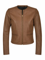 Women's Tan Sleek Design Leather Jacket Front