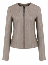 Women's Taupe Leather Zip-Up Jacket Front