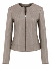 Women's Taupe Leather Zip-Up Jacket Front