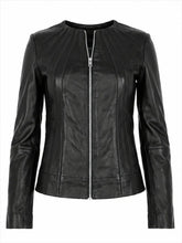 Women's Zipper Black Leather Jacket Front