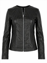 Women's Zipper Black Leather Jacket Front
