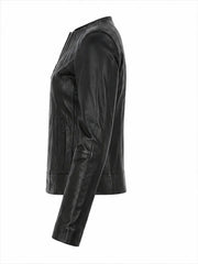 Women's Zipper Black Leather Jacket Left