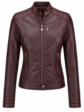 Women's Zippered Accents Burgundy Leather Jacket Front
