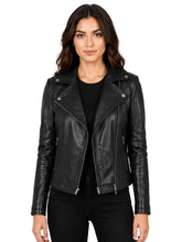 Women's Black Sheepskin Leather Biker Jacket with Wide Lapel Collar, front view