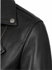 Women's black sheepskin leather biker jacket, collar detail